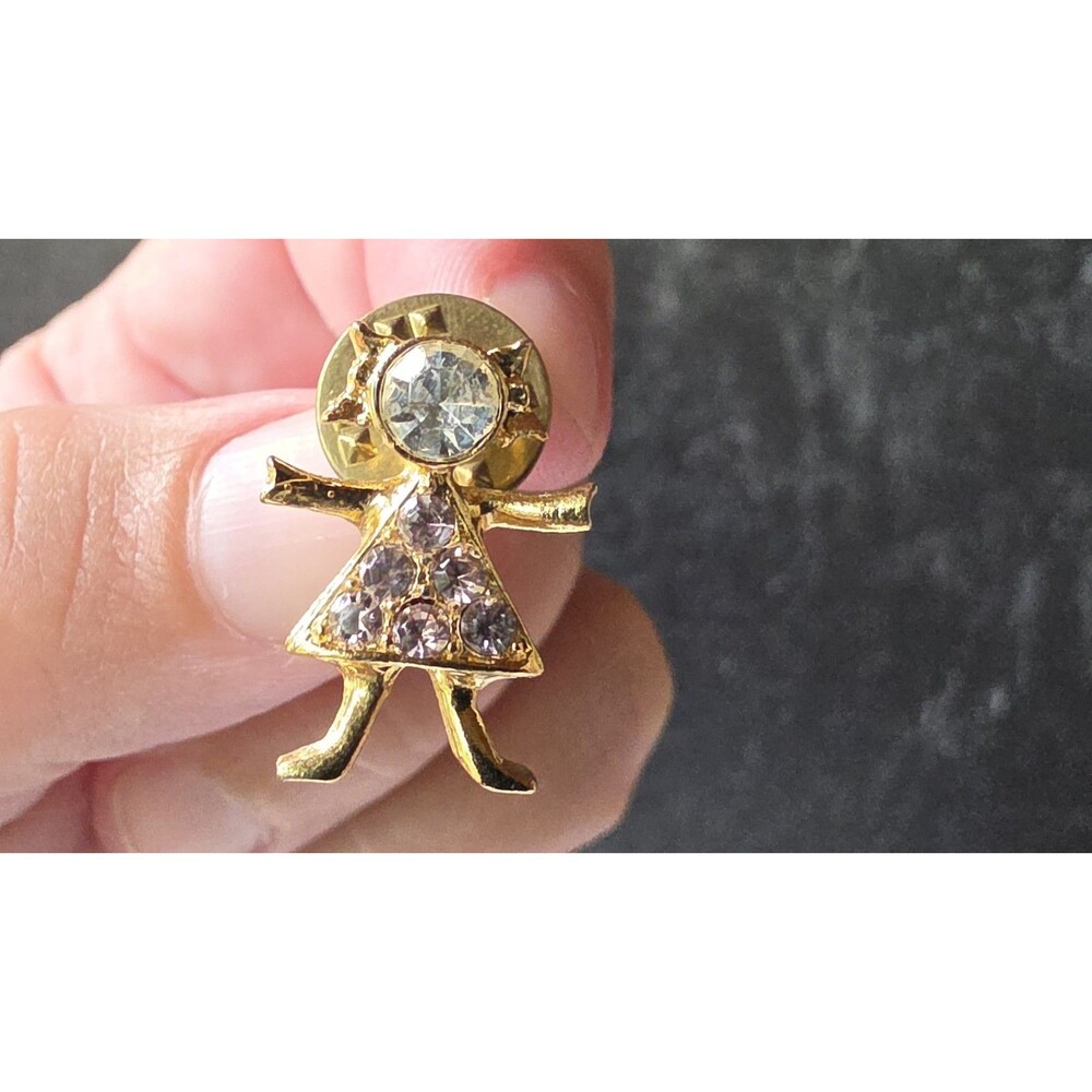 Clear And Pink Rhinestone Girl Gold Tone Metal Pin Vintage Costume Jewelry USA